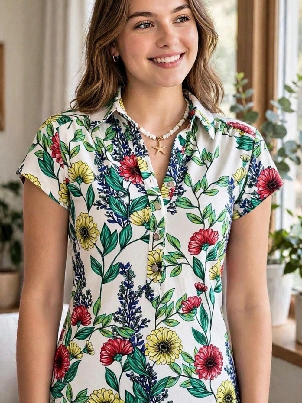 Floral Button Front Top in White & Green Like New